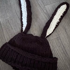 Brown and White Knit Bunny Ear Hat